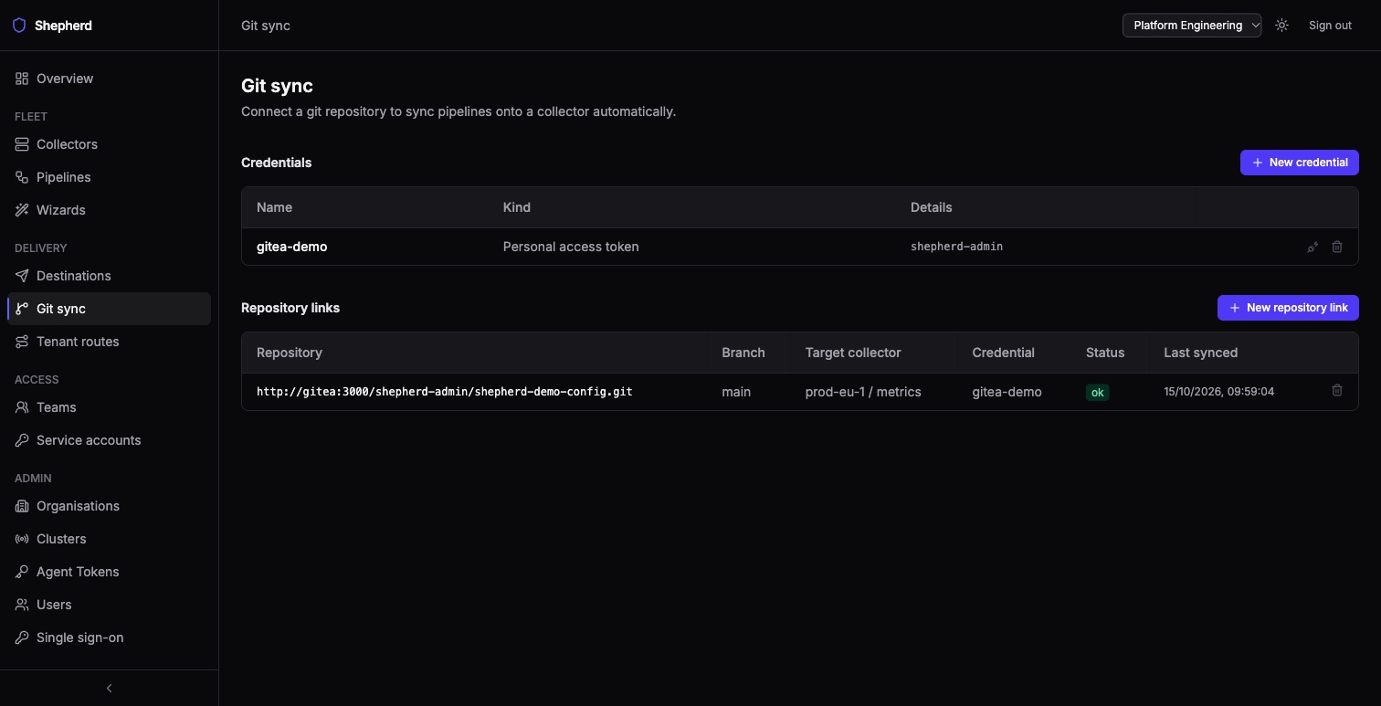 The Git sync page: a credential and a repository link showing branch, target collector, sync status and last-synced time