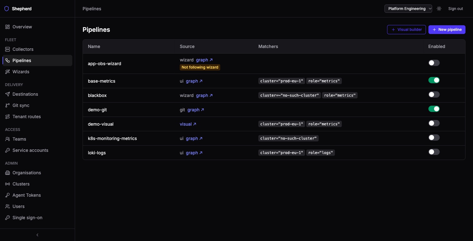 The Pipelines list showing name, source (with a graph link, and a Not following wizard badge on a hand-edited wizard pipeline), matchers and an enabled toggle for each pipeline