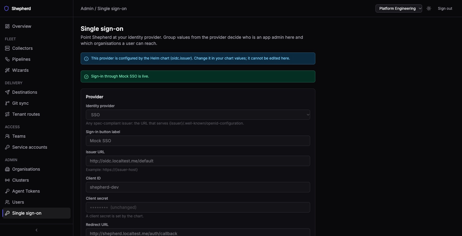 Admin, Single sign-on with the provider declared in the Helm chart: a read-only form (provider, issuer URL, client ID, secret set by the chart, redirect URL) under a banner saying it cannot be edited here