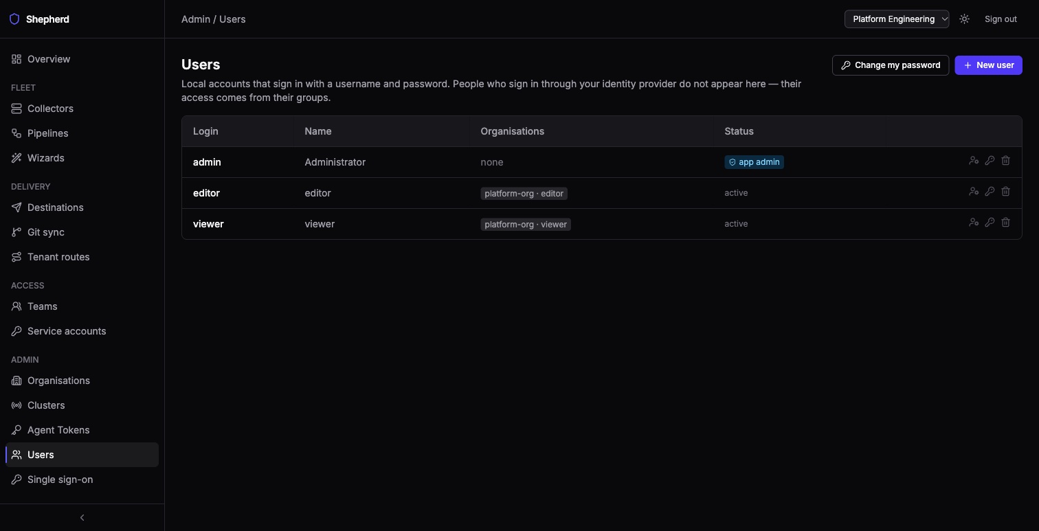 Admin, Users: local accounts with their organisations, an app admin badge and active status